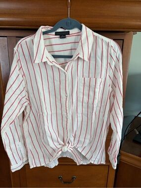 Sanctuary Button Down Shirt Red White Stripe with Tie at Waist Size XL